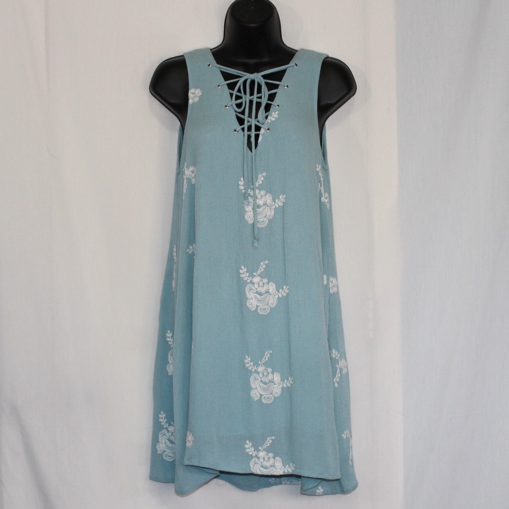 Altar'd State Mini Dress Womens White Blue Embroidered Boho Sleeveless.